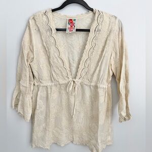 Johnny Was Size S • V Neck Eyelet Embroidered Rayon Top.